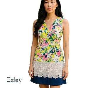 Anthropologie Esley Yellow Green Blue Floral Lace Dress Size S